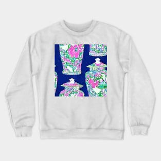 Colorful chinoiserie jars on deep blue seamless pattern Crewneck Sweatshirt